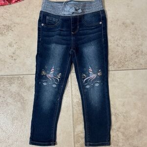 Blue ink girls Jeans with kitty unicorn Design on knees